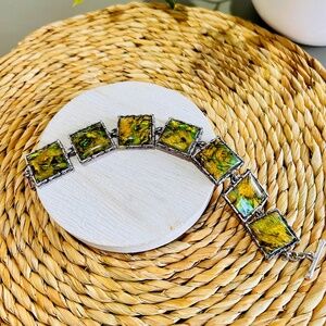 Vintage Abalone Shell Panel Link Bracelet with Silver Tone Toggle Close.